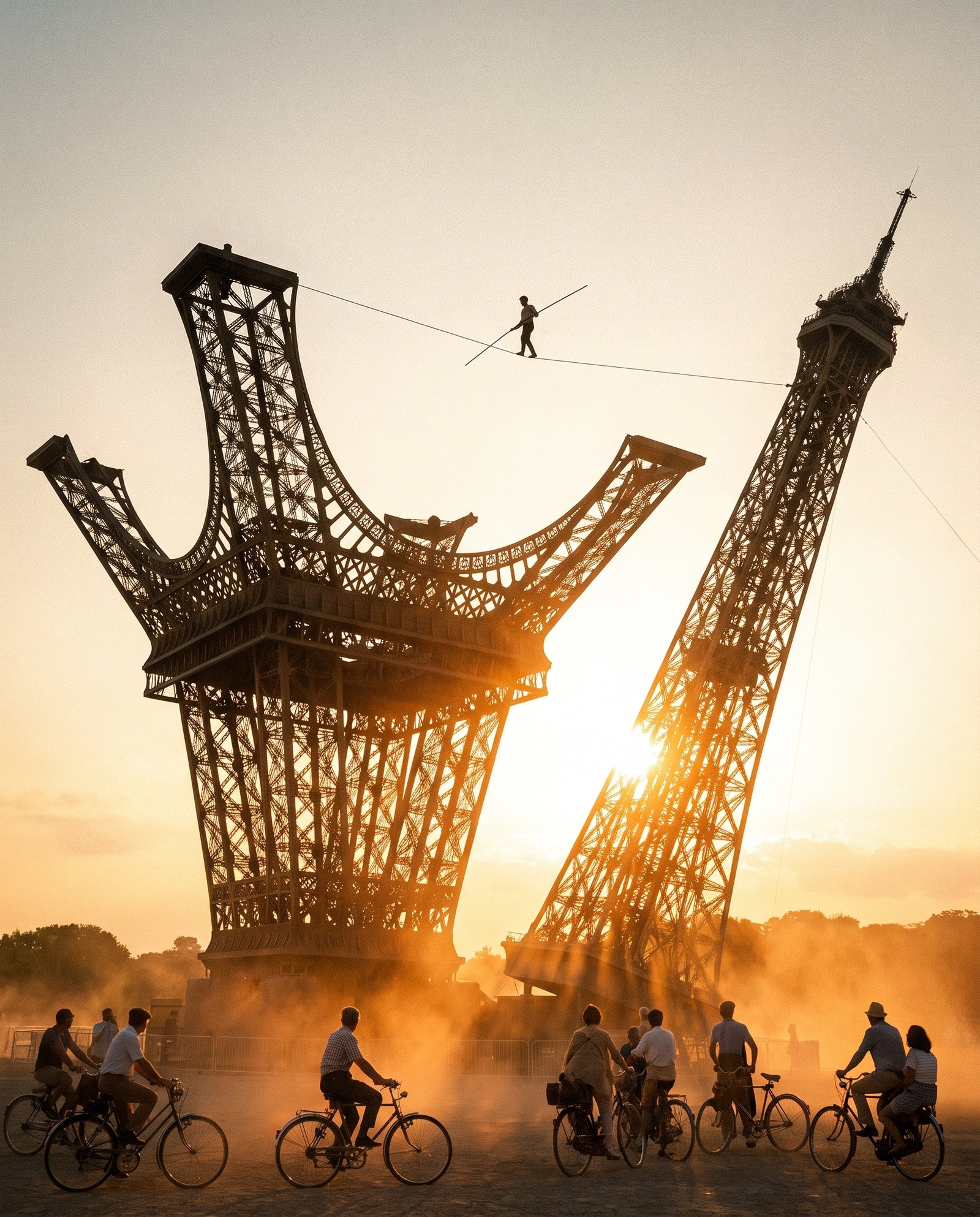 Eiffela Broken Dream, the crashed Eiffel Tower by Philippe Maindron with the tightrope walker crossing the gap (illustration, AI-generated from the artist's published design)