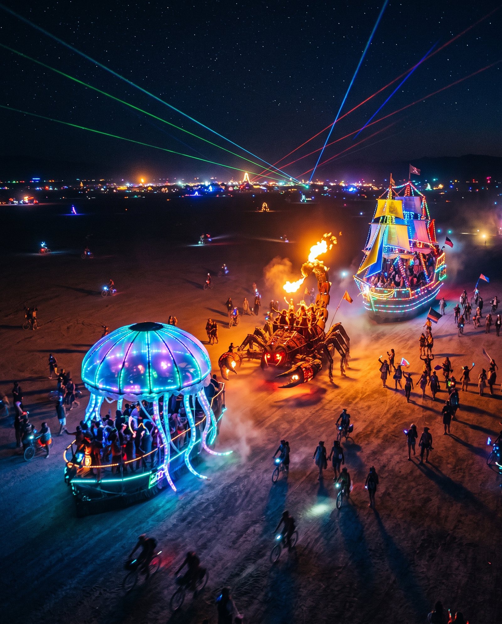 Art cars gathering on the deep playa at night (illustration, AI-generated)